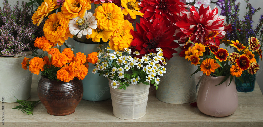 custom made wallpaper toronto digitalColorful bouquets of flowers sitting on a wooden surface creating a beautiful still life