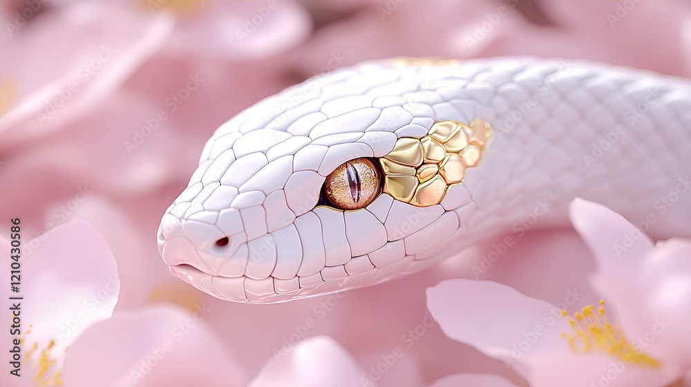 Fototapeta premium white snake with golden scales, extraordinary illustration style