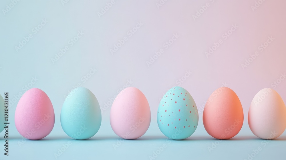 Easter eggs arranged in a row on pastel background, bright and cheerful, soft natural light, high detail, festive and inviting atmosphere