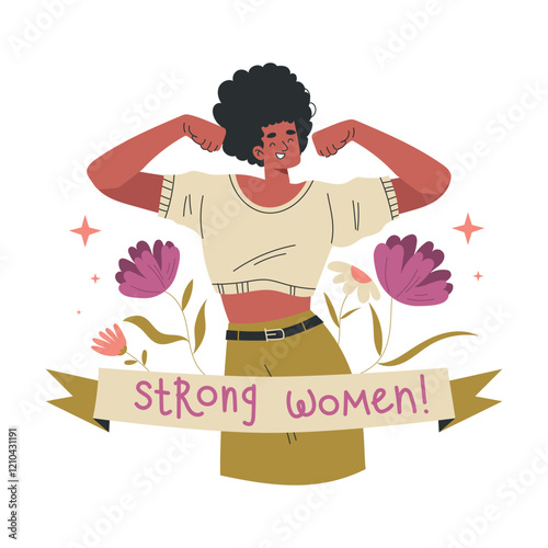 Strong Woman Character Show Muscle with Ribbon and Flower Have Power as Feminism Vector Illustration