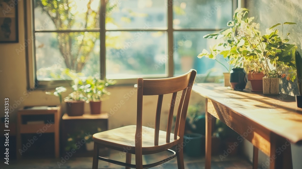 Obraz premium A simple wooden chair with no backrest in a bright, airy office space, paired with a wooden desk and natural elements like plants and a view of the outdoors.