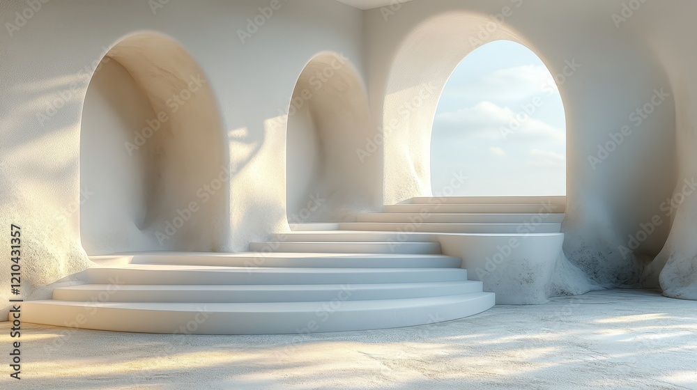 A serene, minimalist interior with arches and steps, inviting tranquility.