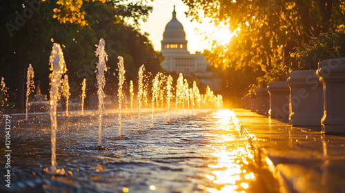 A photo of the US Capitol with a row of fountains in the foreground, their water sparkling in the sunlight, during a warm summer day