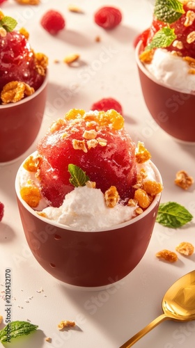 Refreshing craft granitas captured from above on a sunlit table with textured cups and clear space photo