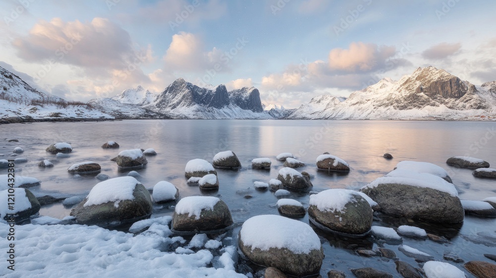 Obraz premium Scenic winter landscape with snow-covered rocks by calm lake and mountain range at sunset.