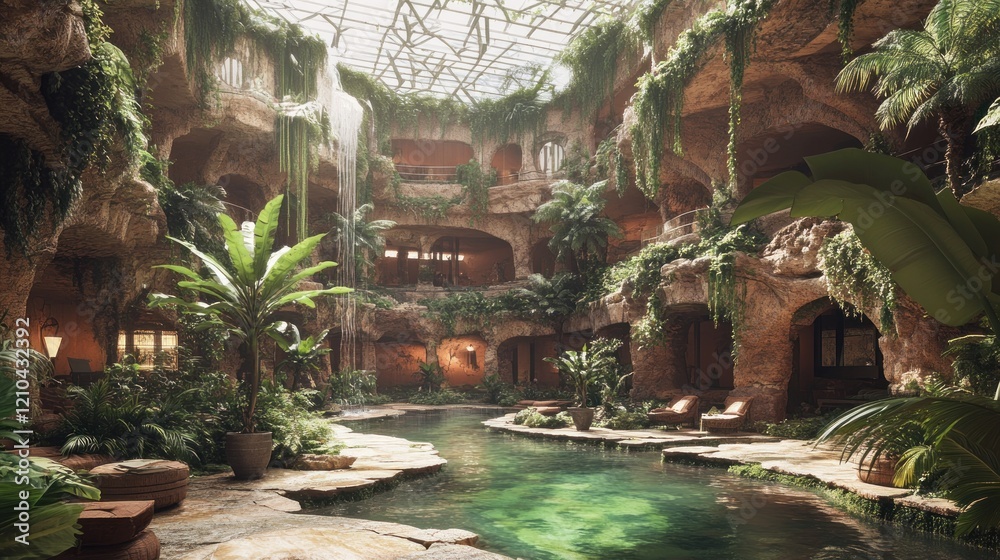 Obraz premium Lush Jungle Indoor Pool, Cave Resort Relaxation