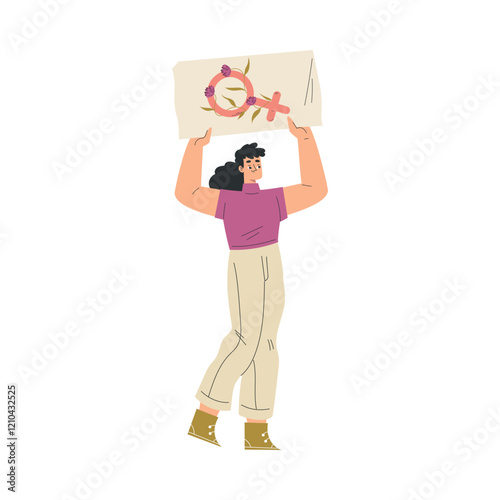 Strong Woman Character Hold Banner Have Power as Feminism Vector Illustration