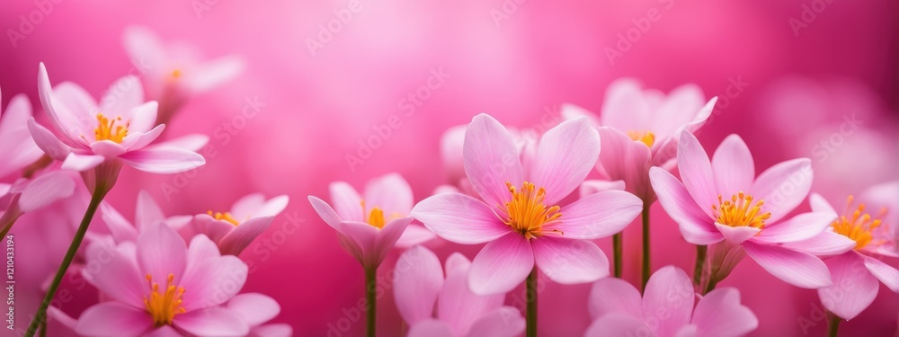 Spring flowers on a pink background. Greeting card, banner design with a place for the text. Spring flowers on a pink background. Greeting card, banner design with a place for the text.