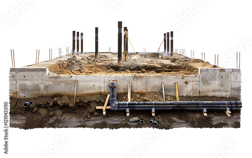 Construction site with a trench and drainage pipes being installed Isolated on Transparent background PNG photo