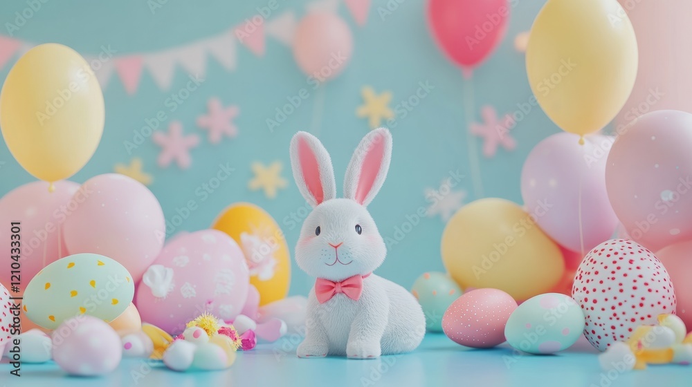 Fototapeta premium Easter scene with bunny and colorful eggs, soft pastel background, bright and cheerful, high detail, vibrant and inviting festive decoration