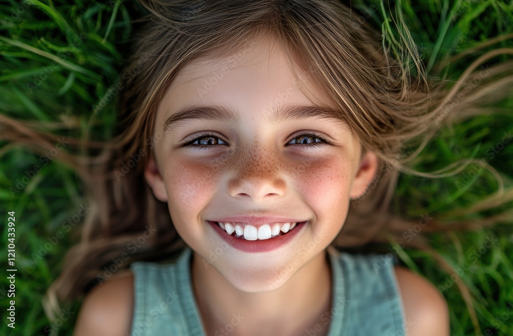 Close-up portrait of a smiling girl with freckles lying on green grass. Outdoor childhood happiness and nature concept. Design for poster, banner, and greeting card. Close-up portrait of a smiling girl with freckles lying on green grass. Outdoor childhood happiness and nature concept. Design for poster, banner, and greeting card.