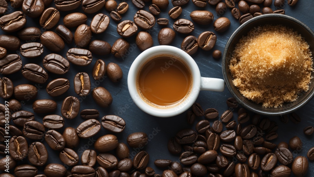 Fototapeta premium Rich espresso coffee with roasted beans and brown sugar