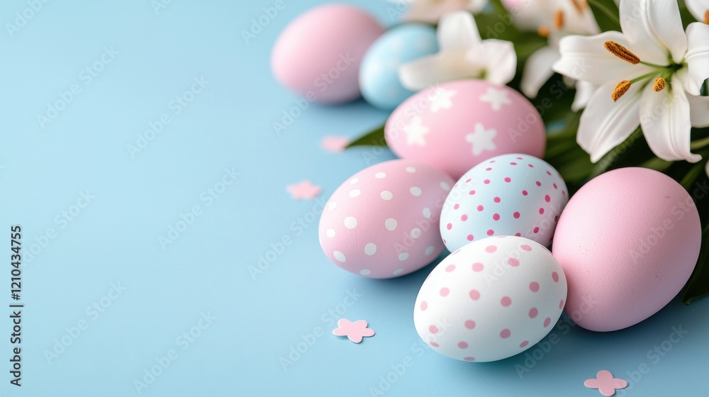 Pastel Easter Eggs & Lilies on Blue Pastel Easter Eggs & Lilies on Blue