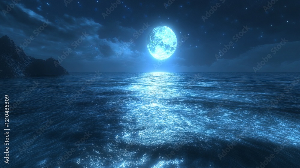 Naklejka premium eep blue glowing ocean waves at night, calm and peaceful, serene and ethereal, soft and dynamic, high detail and vibrant atmosphere, magical reflections