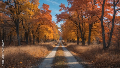 Serene autumn pathway through vibrant fall foliage