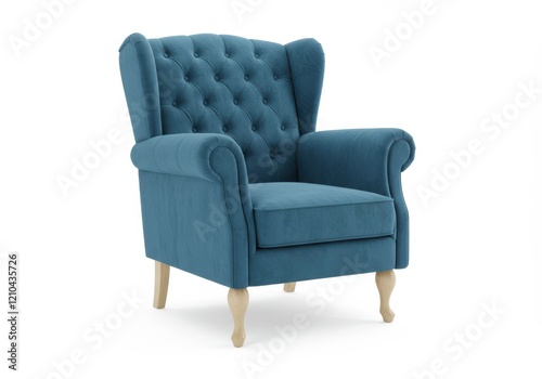 A luxurious blue velvet armchair with a tufted backrest and padded seat, supported by light wooden legs isolated on white background photo