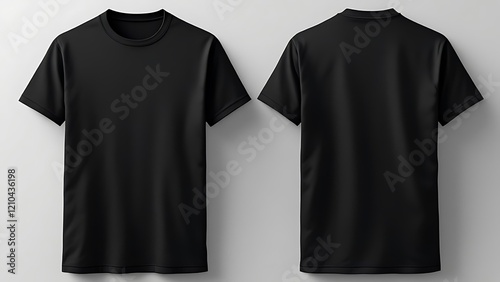 Realistic isolated mockup of blank black T-shirt template, showcasing front and back sides with creases and folds, on a clean white background for customization.