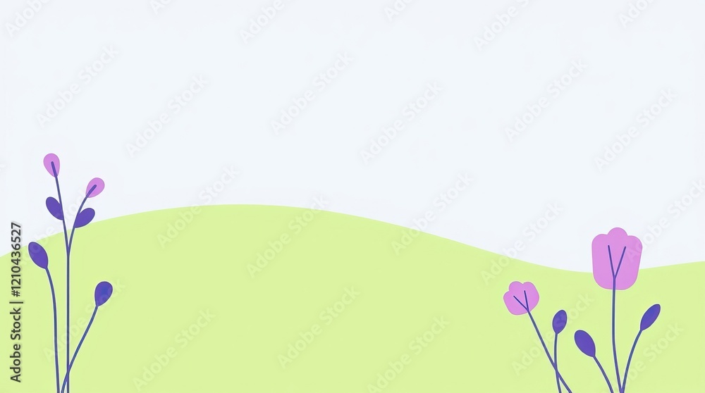 Naklejka premium Softly rolling green hills create a tranquil spring atmosphere, adorned with light pastel flowers that bring a fresh touch to any event or display