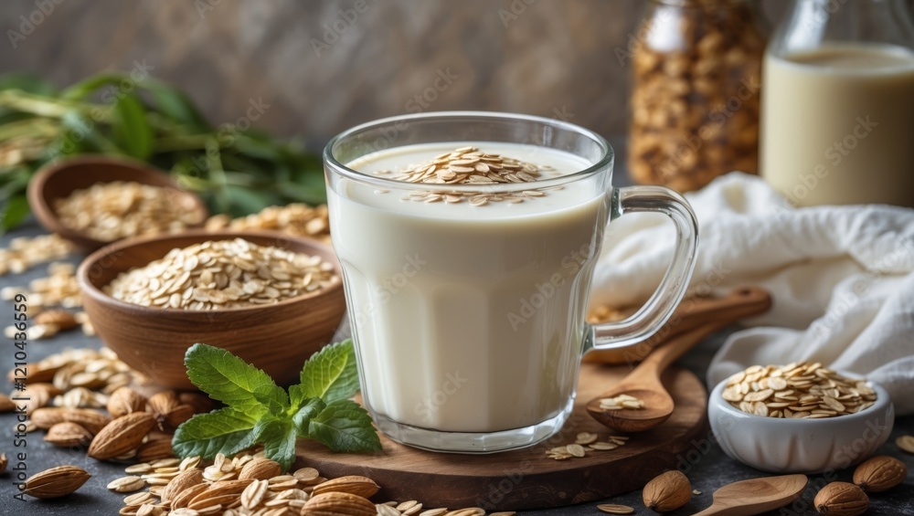 Substituting dairy with creamy oat milk in a cup Substituting dairy with creamy oat milk in a cup