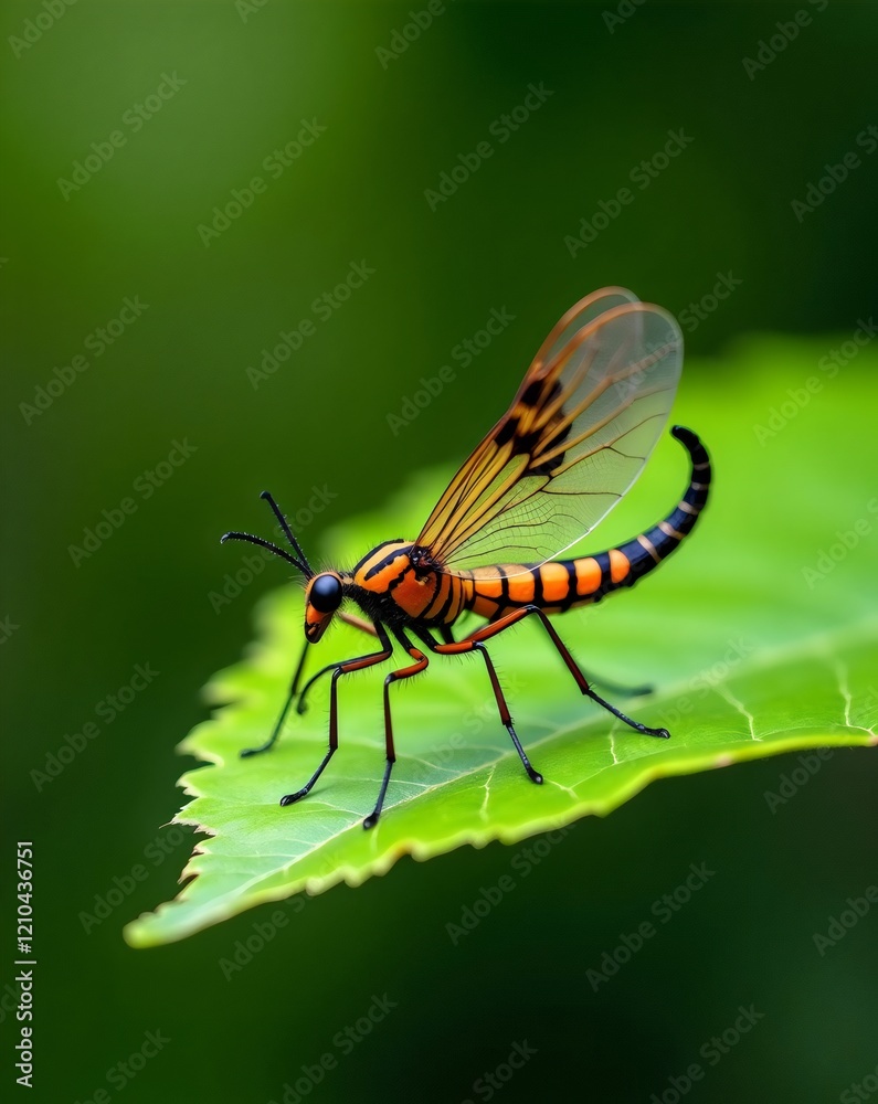 Orange and Black Insect with Transparent Wings on a Textured Green Leaf, Close-up Orange and Black Insect with Transparent Wings on a Textured Green Leaf, Close-up