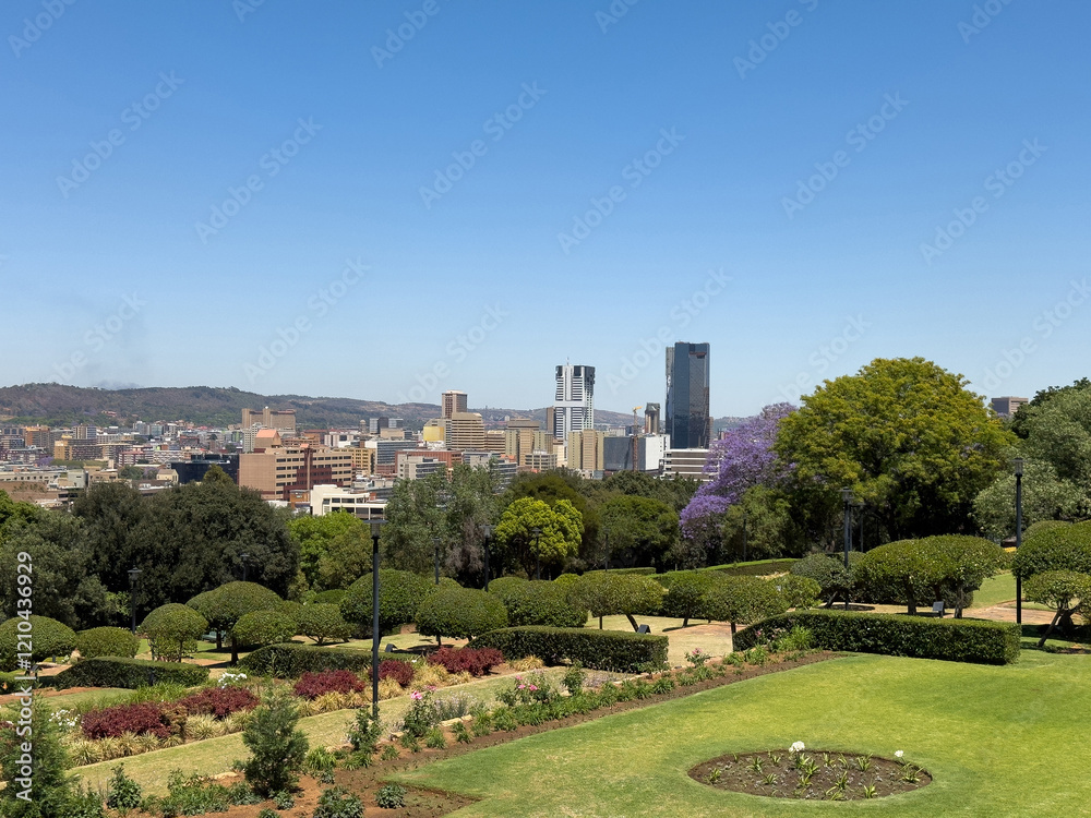 Fototapeta premium Pretoria city view from Union Buildings gardens, high buildings and blooming jacaranda trees. South Africa.