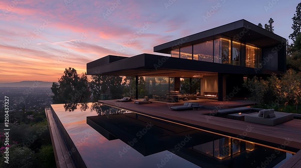 Fototapeta premium Modern architectural house with infinity pool at sunset overlooking a scenic landscape