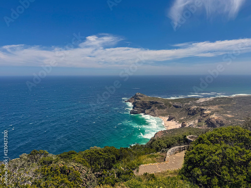 Diaz beach at Cape point aerial view from the lighthouse, Cape of Good hope, South Africa,