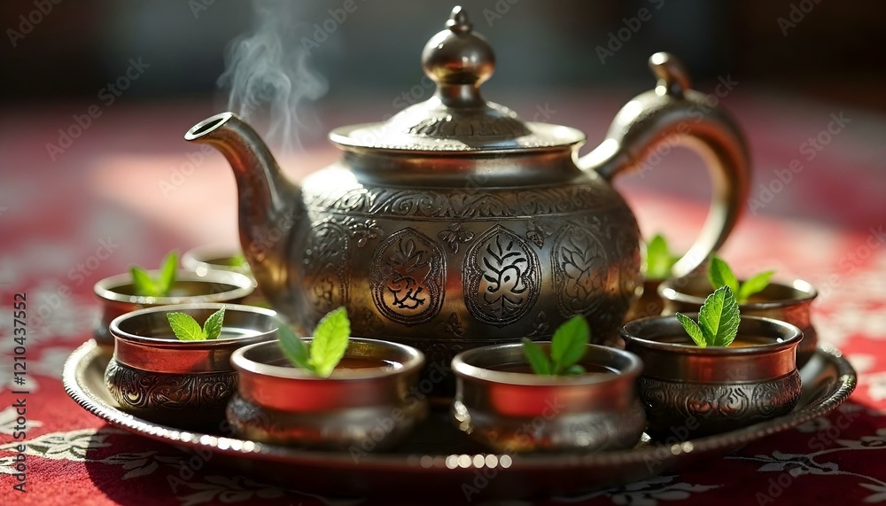 Luxurious Moroccan Tea Set with Intricate Metalwork – Elegant Composition with Silver, Gold, and Fresh Mint on Textured Fabric Luxurious Moroccan Tea Set with Intricate Metalwork – Elegant Composition with Silver, Gold, and Fresh Mint on Textured Fabric