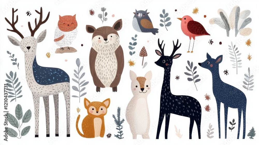 A whimsical collection of adorable woodland animals in a floral setting. A whimsical collection of adorable woodland animals in a floral setting.