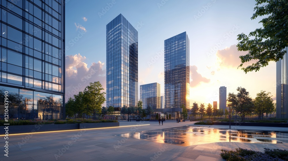 Modern office buildings with glass facades, a wide-angle view of the city center during sunset Modern office buildings with glass facades, a wide-angle view of the city center during sunset