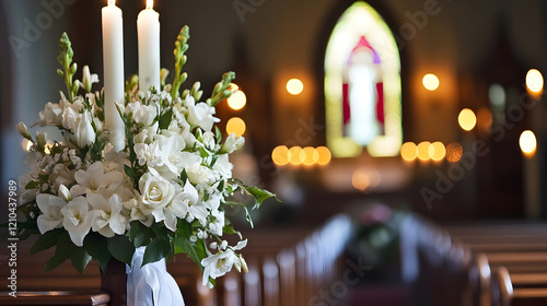 Elegant Floral Arrangement of White Lilies and Candles in Dimly Lit Church Interior : Generative AI