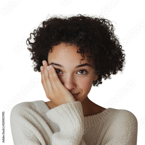 A shy woman with a soft smile, one hand covering her face