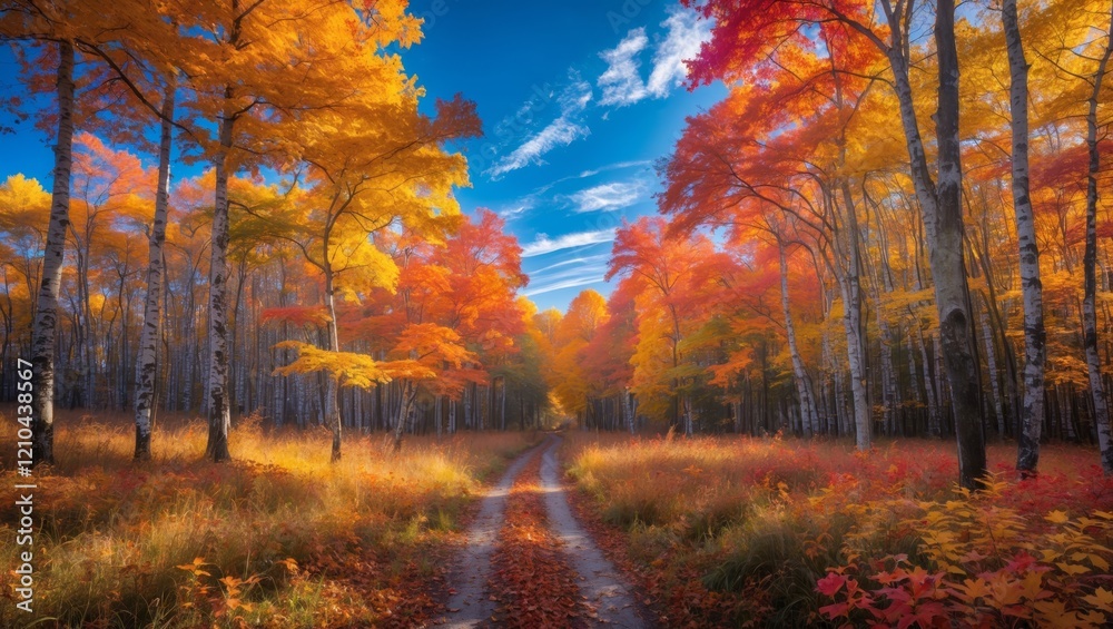 Fototapeta premium Vibrant autumn forest under a bright blue sky