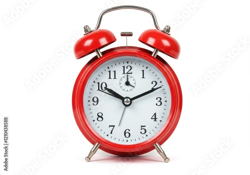 A bright red vintage alarm clock with bells on top and visible time markings isolated on white background photo