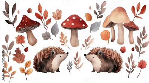 Charming hedgehogs among colorful autumn leaves and whimsical mushrooms.