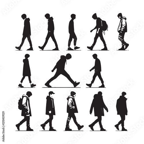 High-quality set of walking man silhouette digital art ideal for branding and promotional materials - man walking vector set - man walking illustrations set
