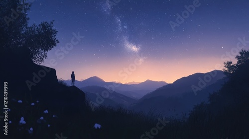 Silhouette of a person standing on a cliff overlooking a valley at night, with the Milky Way visible in the sky.
