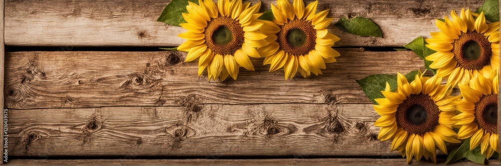 Obraz premium Vintage background of brown and cream weathered boards for old wood. There are sunflower flowers on the background. A banner with a place to copy it.