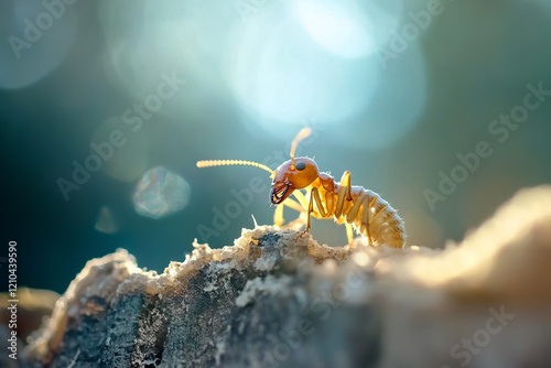 Termites crawling on wood in a house, causing damage and infestation photo