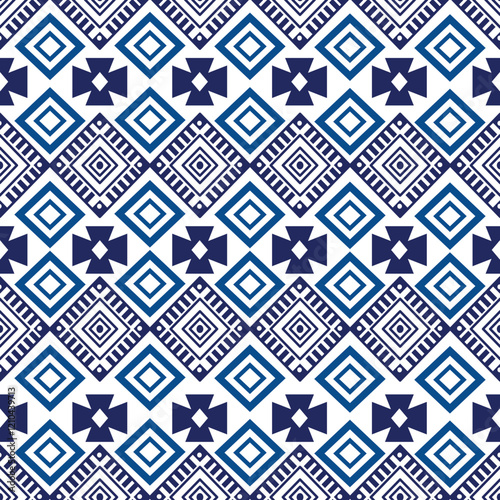 Tribal blue geometric dreamscape seamless pattern