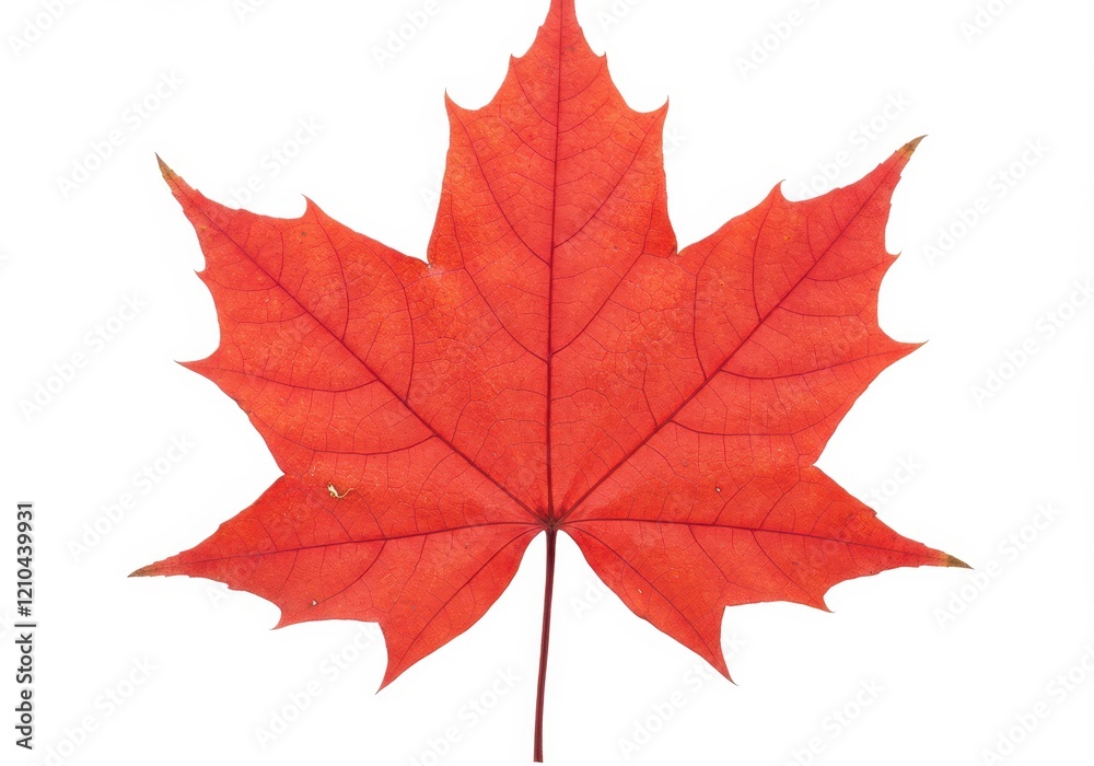 A vibrant red maple leaf with visible veins and a natural texture isolated on a white background A vibrant red maple leaf with visible veins and a natural texture isolated on a white background
