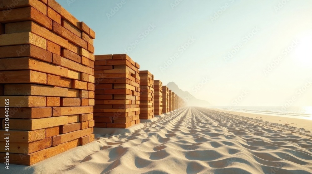 Fototapeta premium Wooden Blocks Forming a Linear Structure on a Sandy Beach at Dawn