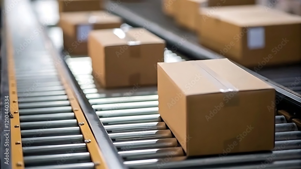 Close-up of multiple cardboard box packages on conveyor belt Close-up of multiple cardboard box packages on conveyor belt