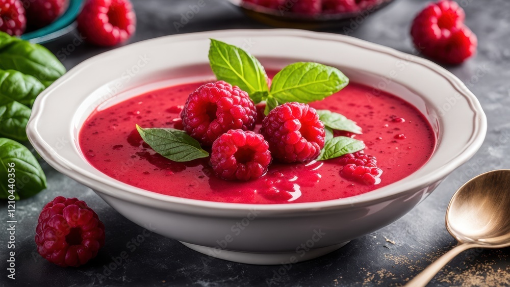 Photo of Raspberry soup with basil. A white plate stands on a dark table and fresh raspberries are lying around.