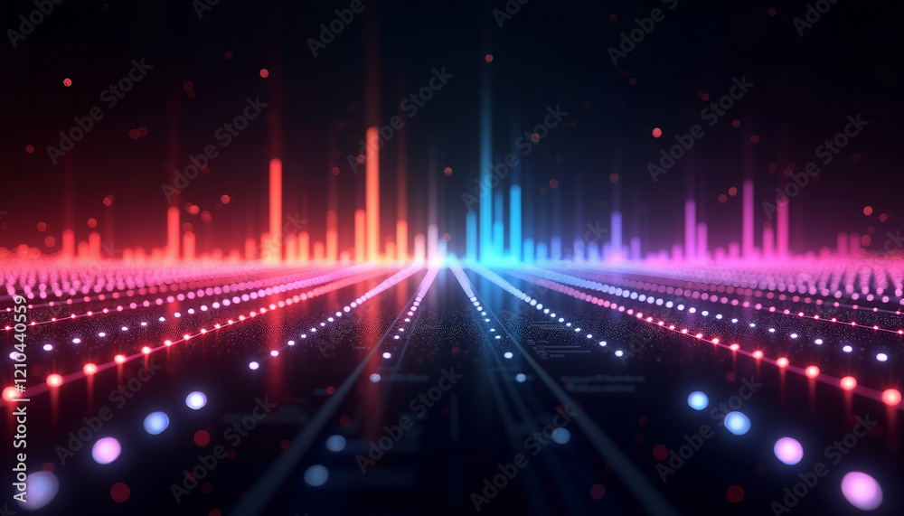 Obraz premium Colorful radio wave spectrum displayed on a sleek digital interface with glowing peaks and lines