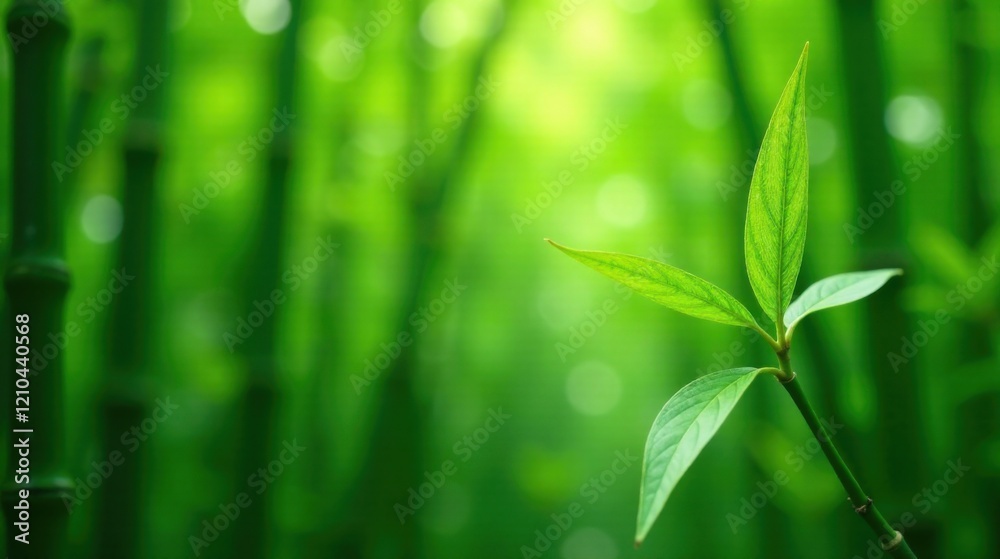 Fototapeta premium Vibrant Green Leaves Emerging Amidst a Lush Bamboo Forest, Symbolizing Nature's Renewal and Serenity