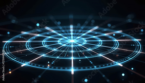 Detailed view of a circular radar screen with dynamic radio signal lines in blue and white tones