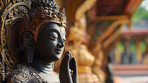 Exquisite Buddha Statue in Prayer Pose Showcasing Intricate Artistic Detail : Generative AI