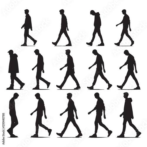 Compact set of walking man silhouette digital art ideal for space-saving graphic design needs - man walking vector set - man walking illustrations set
