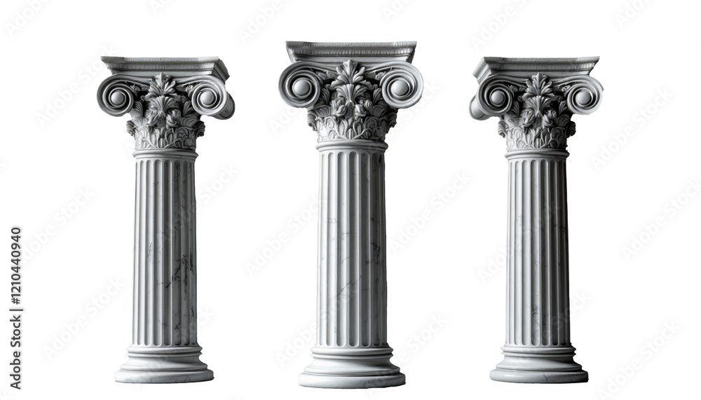 Three classical architectural columns with intricate detailing stand on a light surface